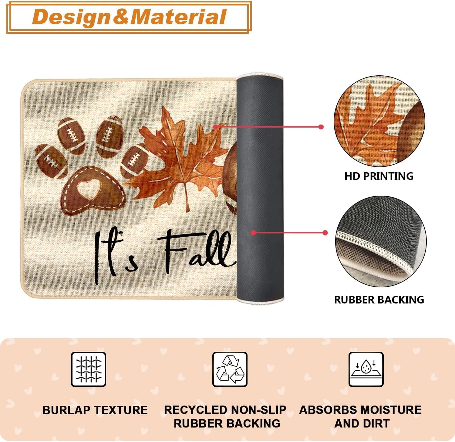 Rugby Pumpkin Fall Kitchen Rugs Set of 2, Football Maple Dog Paw Kitchen Mats for Floor Low-Profile Fall Home Decor 17X29 and 17X47 Inch