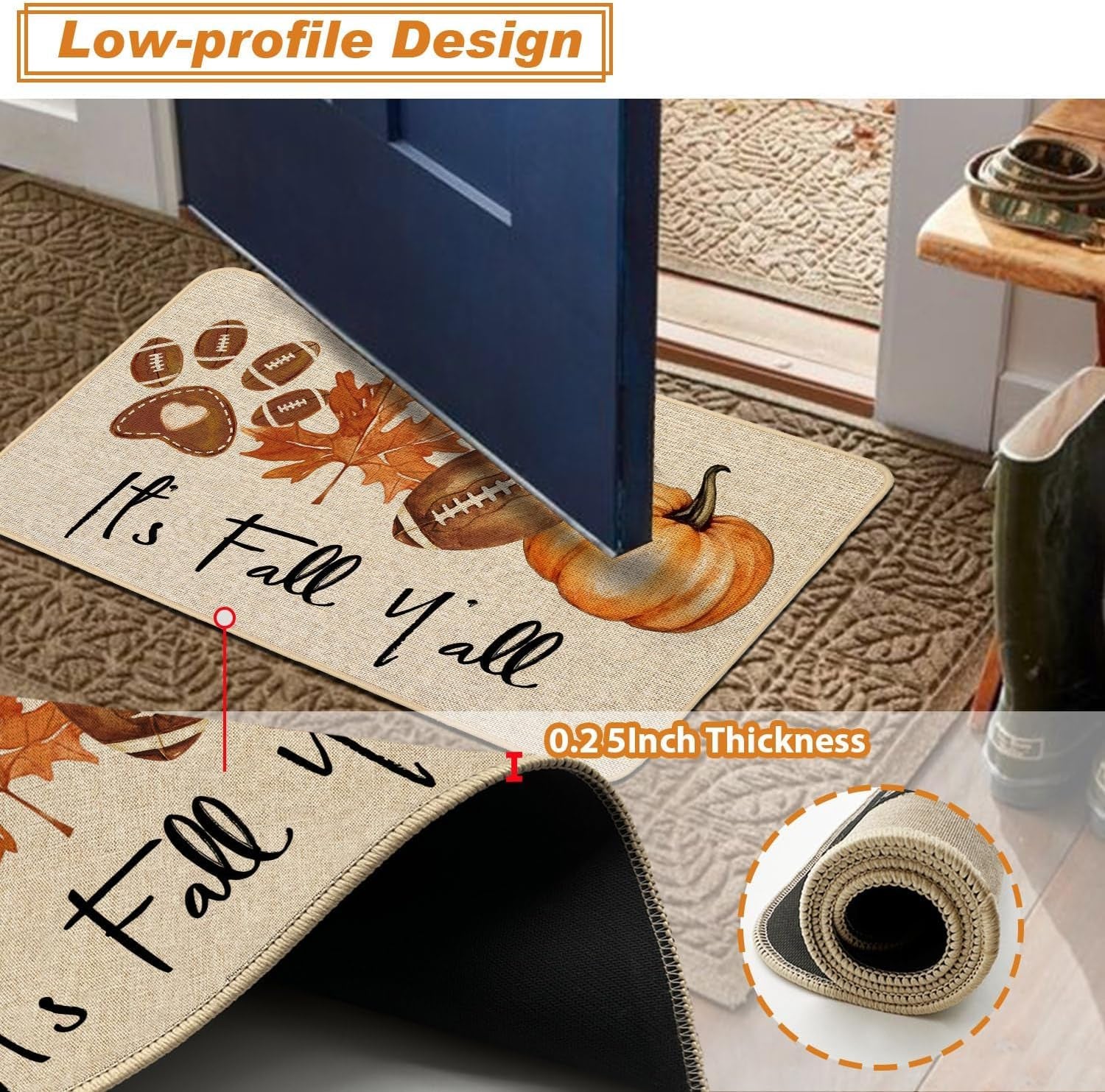 Rugby Pumpkin Fall Kitchen Rugs Set of 2, Football Maple Dog Paw Kitchen Mats for Floor Low-Profile Fall Home Decor 17X29 and 17X47 Inch
