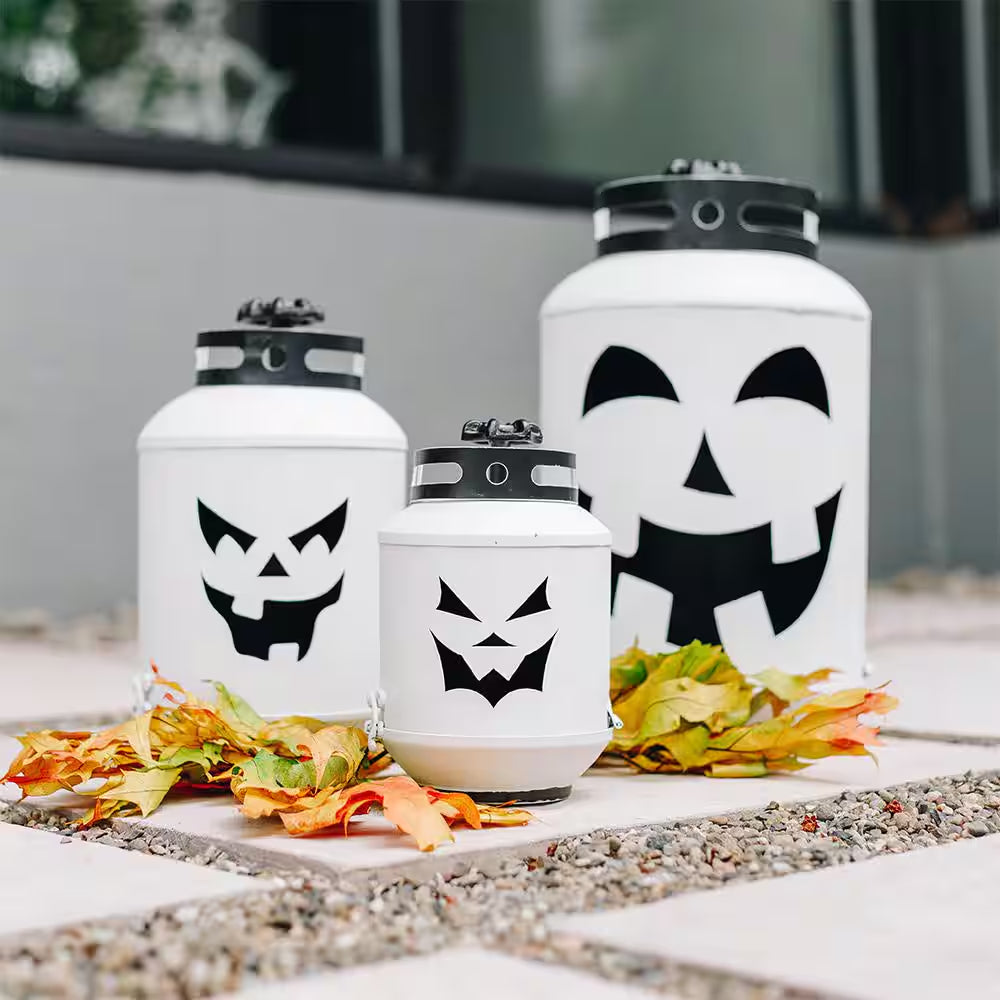 14 In. Halloween White Pumpkin Lanterns - Replica Propane Lanterns (Set of 3)