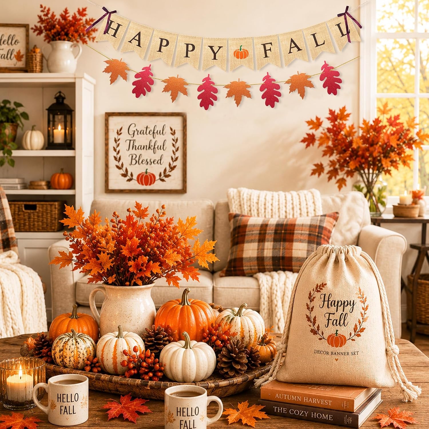Happy Fall Banner Garland Fall Thanksgiving Mantle Decorations | Burlap Fall Maple Leaves Sign, Thanksgiving Banner, Fall Decorations for Mantle Fireplace, Pumpkin Garland Hanging Bunting