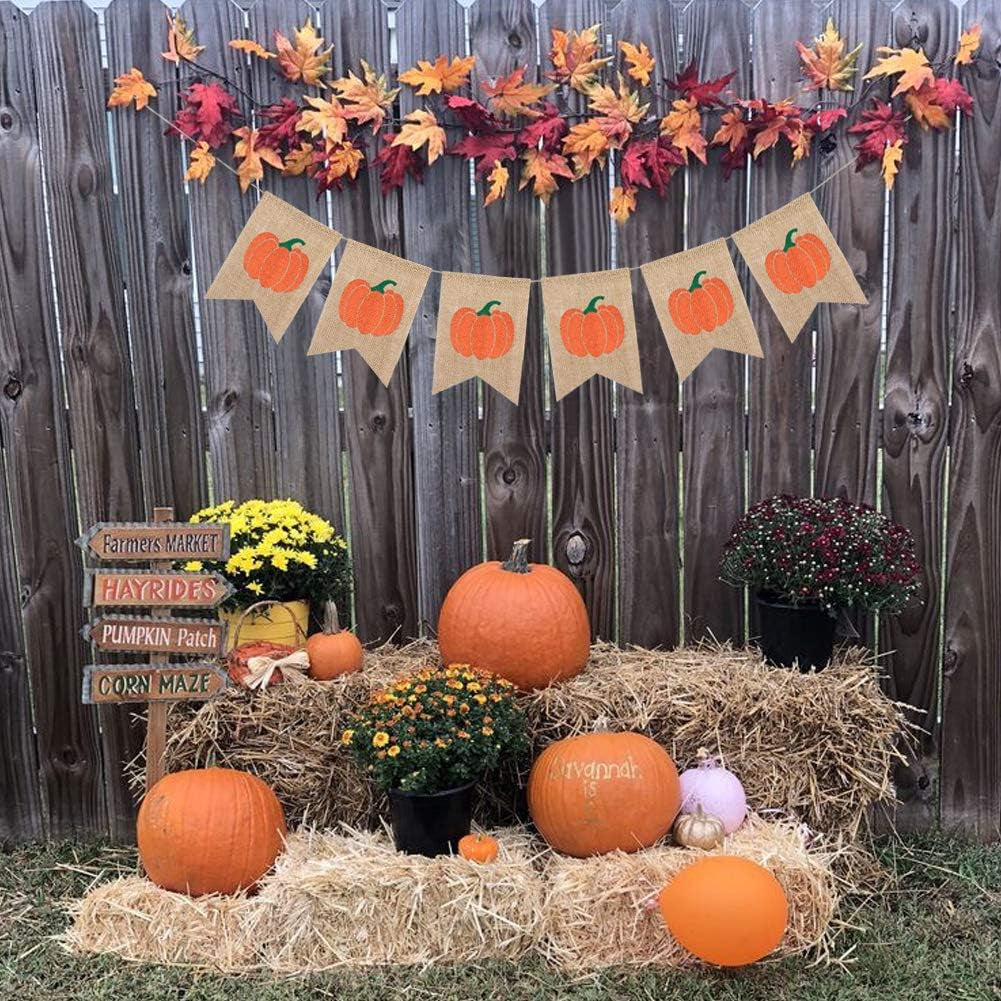 Pumpkin Banner Happy Fall Garland Thanksgiving Day Decorations | Burlap Fall Banner, Fall Baby Shower Decorations, Pumpkin Decorations for Home Fireplace, Fall Garland Harvest Bunting