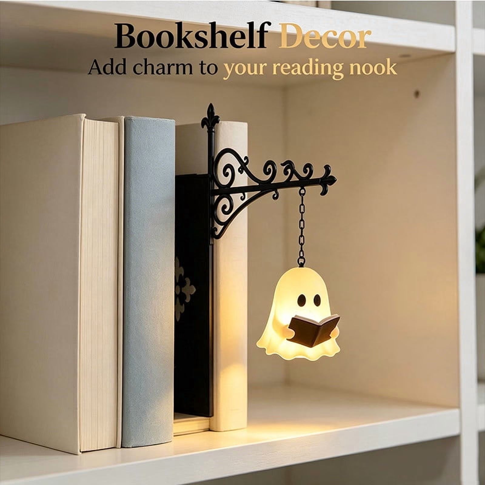 2 Pcs Library Lantern-Decorative Bookshelf Lighting, Vintage Fantasy Book Nook Lamp, Magic Reading Light for Bookworms with Ghost Charm, Portable Shelf Decor, 9.8*9.3 In