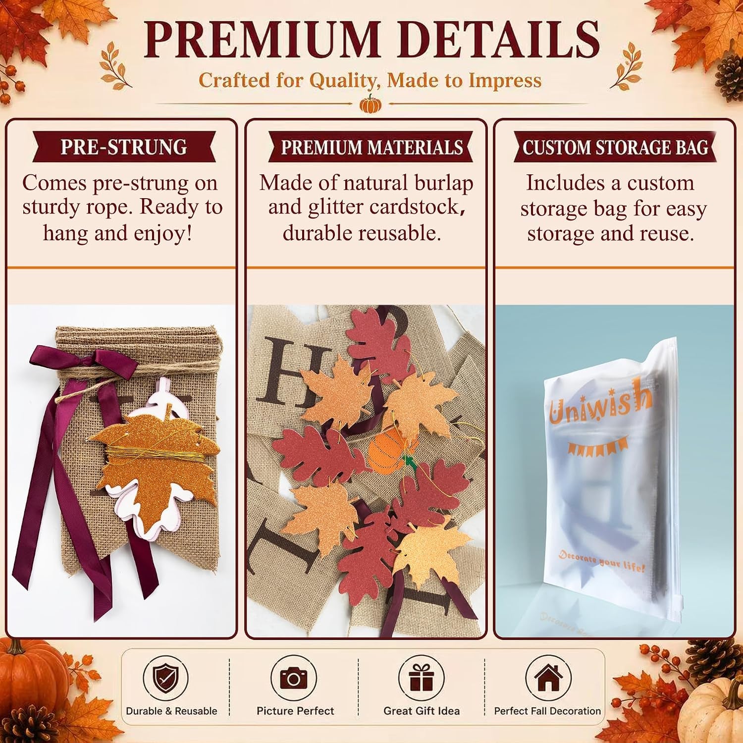 Happy Fall Banner Garland Fall Thanksgiving Mantle Decorations | Burlap Fall Maple Leaves Sign, Thanksgiving Banner, Fall Decorations for Mantle Fireplace, Pumpkin Garland Hanging Bunting