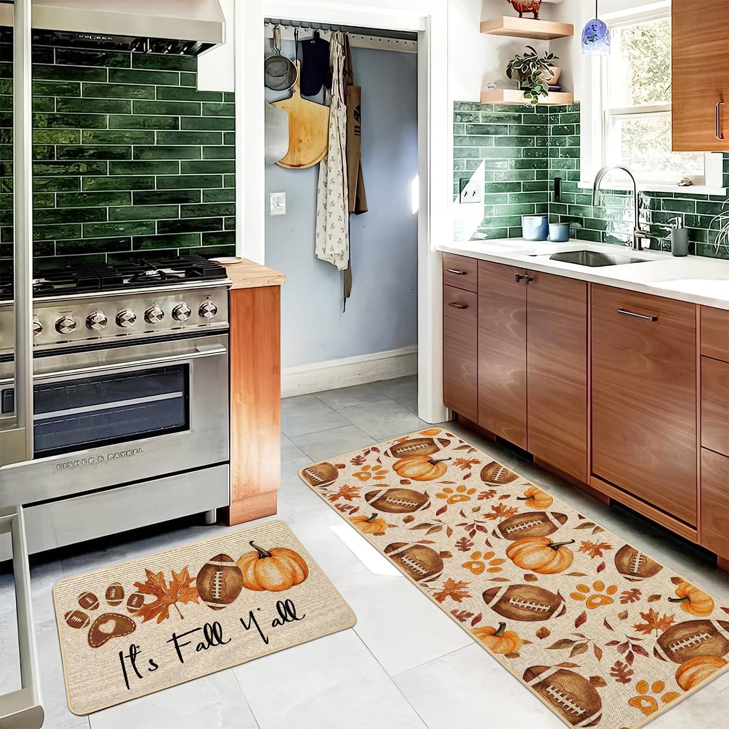 Rugby Pumpkin Fall Kitchen Rugs Set of 2, Football Maple Dog Paw Kitchen Mats for Floor Low-Profile Fall Home Decor 17X29 and 17X47 Inch