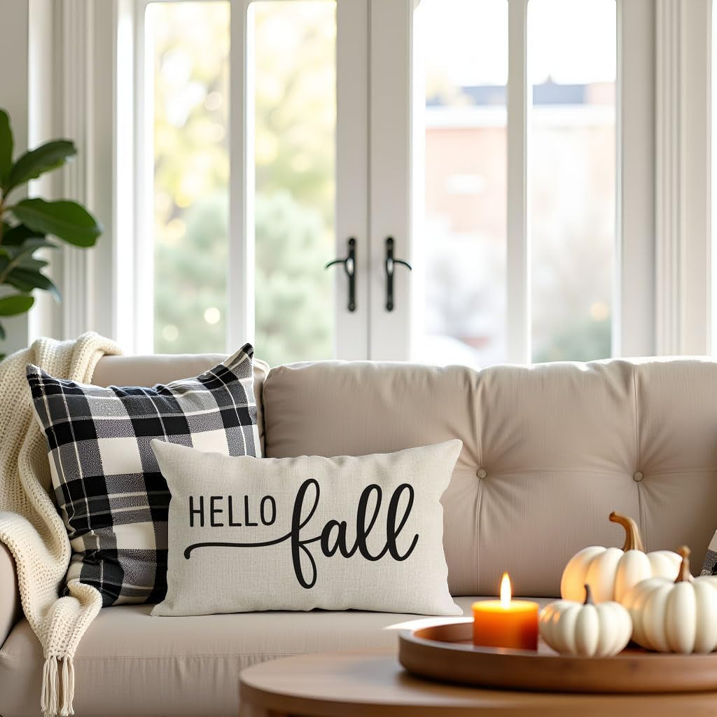 Hello Fall Throw Pillow Covers 12X20, Cream | Farmhouse Fall Decorations for Home Decor, Outdoor Autumn Lumbar Decorative Cushion Case for Living Room Sofa Couch Porch