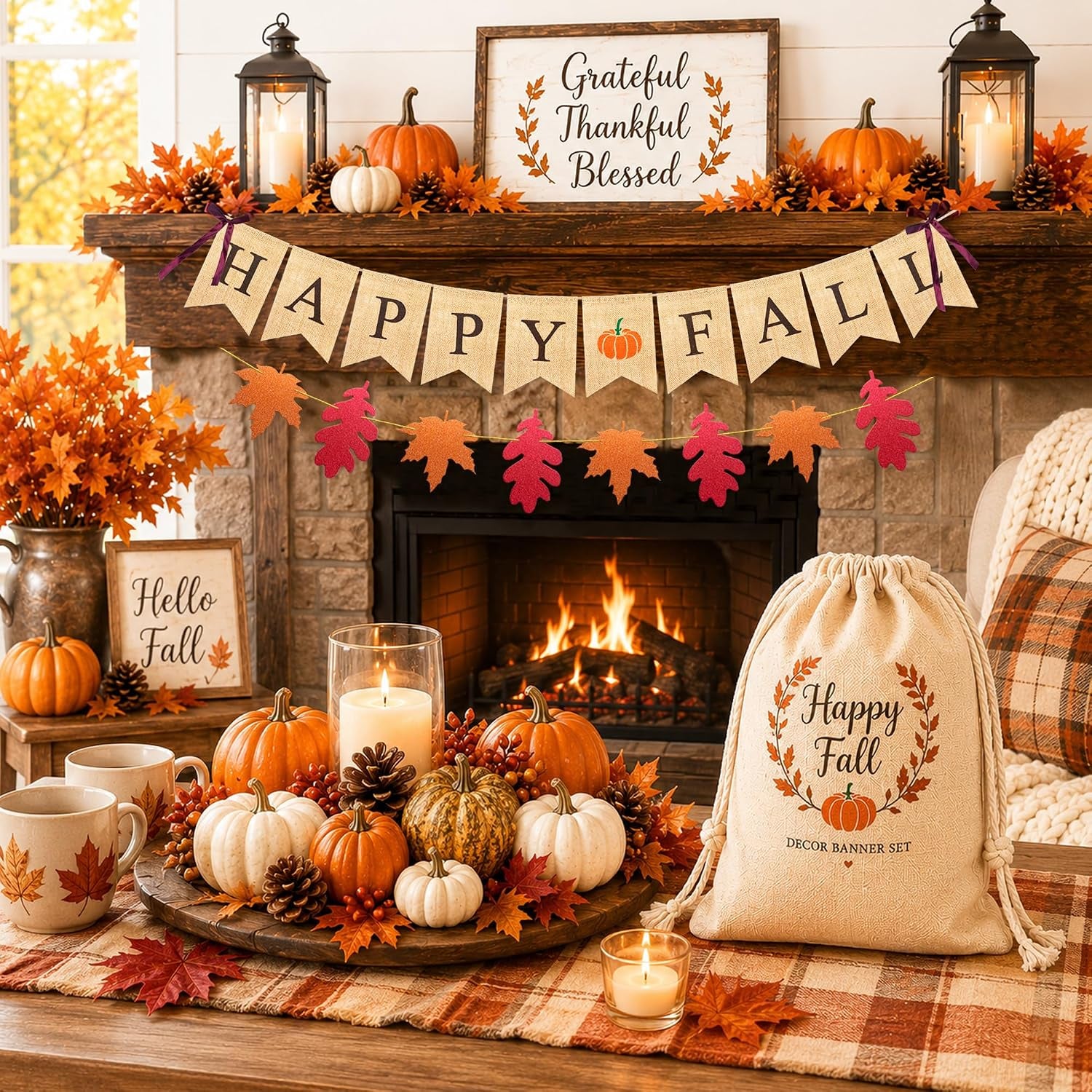 Happy Fall Banner Garland Fall Thanksgiving Mantle Decorations | Burlap Fall Maple Leaves Sign, Thanksgiving Banner, Fall Decorations for Mantle Fireplace, Pumpkin Garland Hanging Bunting