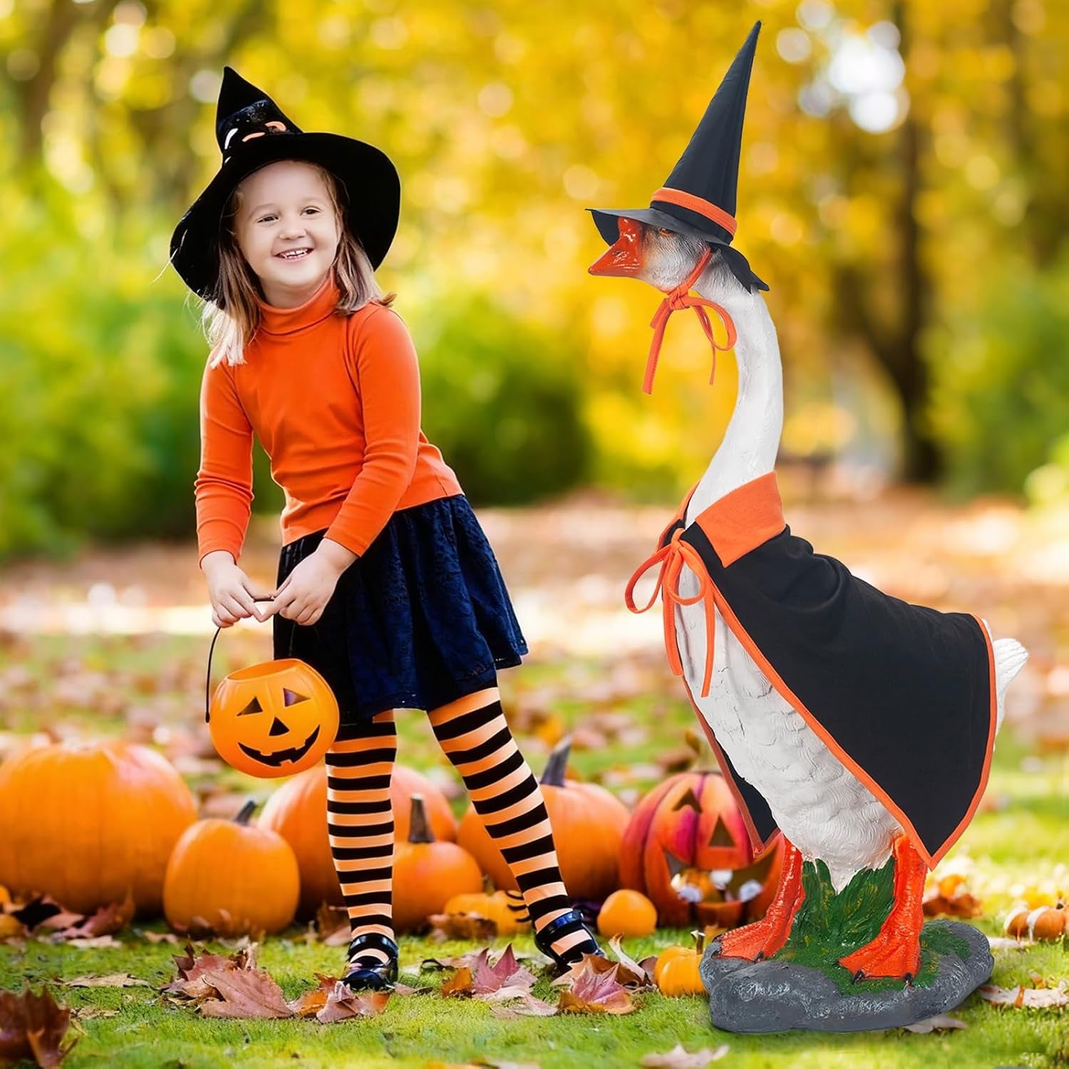 Witch Porch Goose Outfits for 23 Inch, 2 PCS Halloween Cloak Hat | Fits 17In & 23In Geese, Thick Polyester Weather-Ready, Outdoor Porch Yard Decor, Machine Washable, Goose Not Included