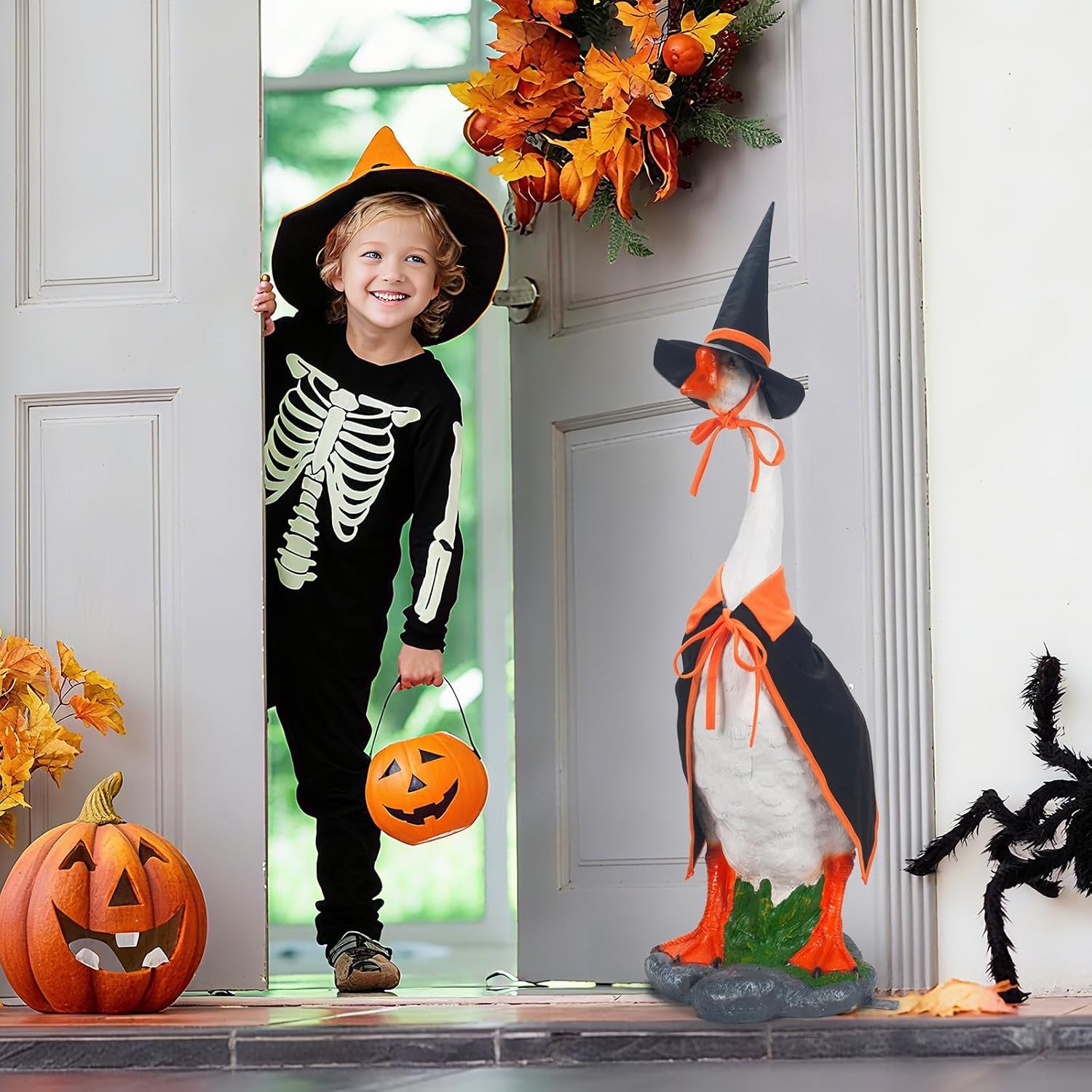 Witch Porch Goose Outfits for 23 Inch, 2 PCS Halloween Cloak Hat | Fits 17In & 23In Geese, Thick Polyester Weather-Ready, Outdoor Porch Yard Decor, Machine Washable, Goose Not Included
