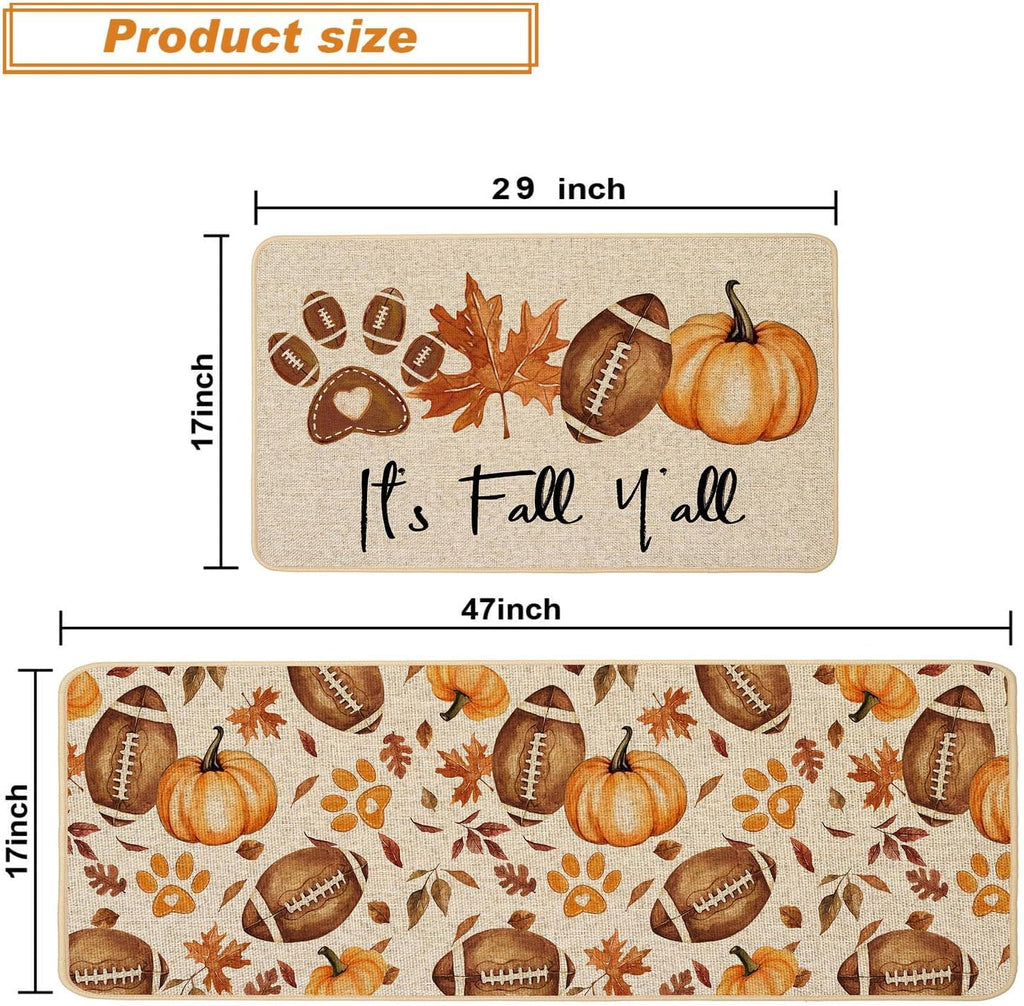 Rugby Pumpkin Fall Kitchen Rugs Set of 2, Football Maple Dog Paw Kitchen Mats for Floor Low-Profile Fall Home Decor 17X29 and 17X47 Inch