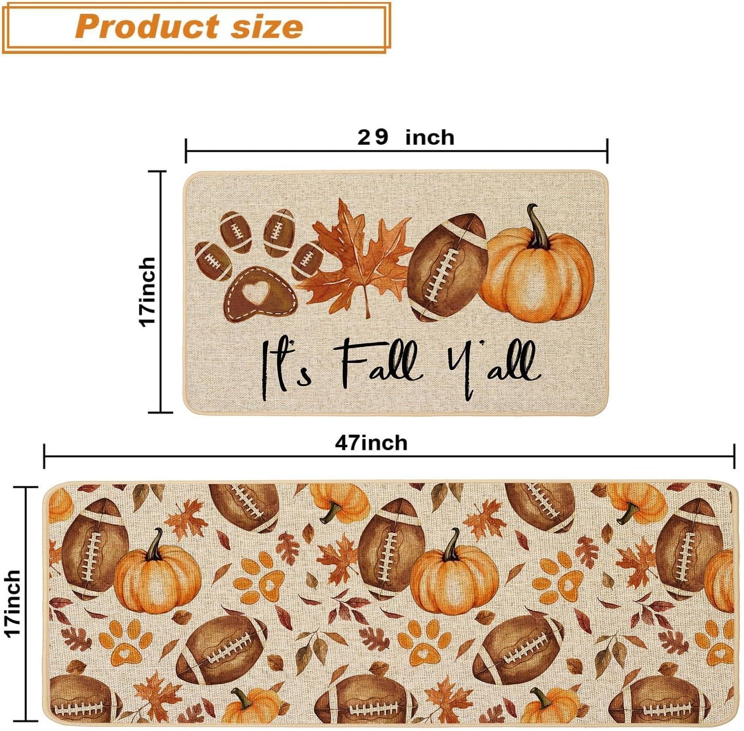Rugby Pumpkin Fall Kitchen Rugs Set of 2, Football Maple Dog Paw Kitchen Mats for Floor Low-Profile Fall Home Decor 17X29 and 17X47 Inch