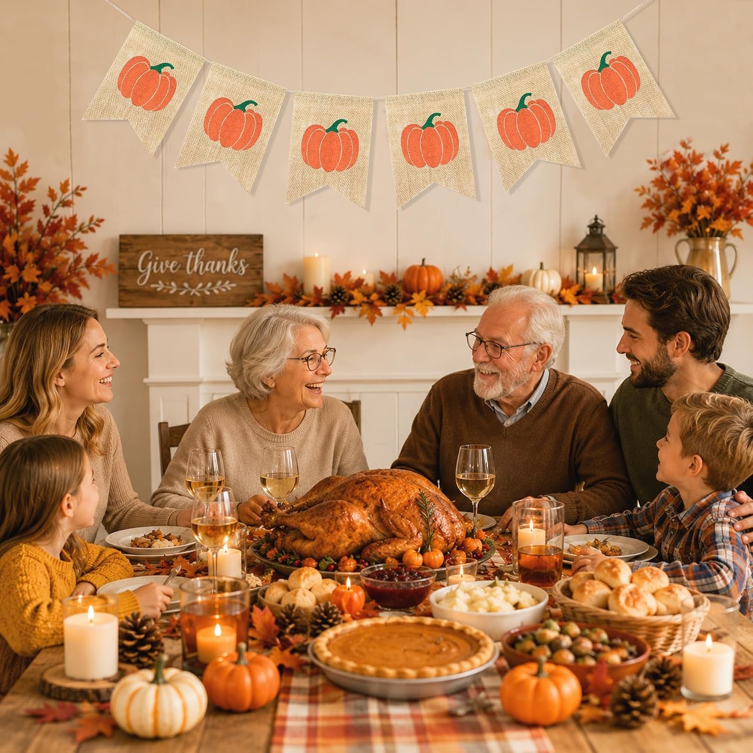 Pumpkin Banner Happy Fall Garland Thanksgiving Day Decorations | Burlap Fall Banner, Fall Baby Shower Decorations, Pumpkin Decorations for Home Fireplace, Fall Garland Harvest Bunting
