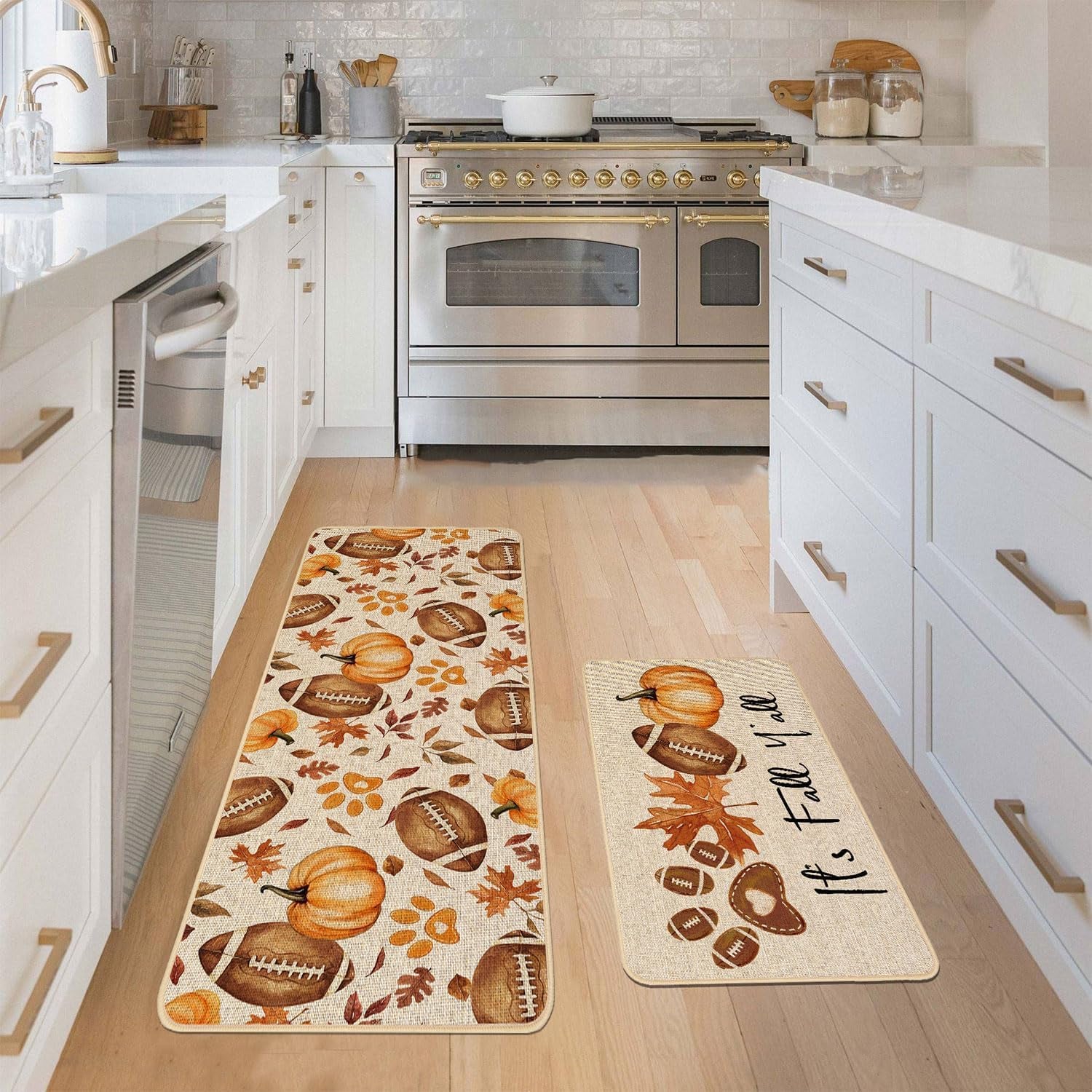Rugby Pumpkin Fall Kitchen Rugs Set of 2, Football Maple Dog Paw Kitchen Mats for Floor Low-Profile Fall Home Decor 17X29 and 17X47 Inch