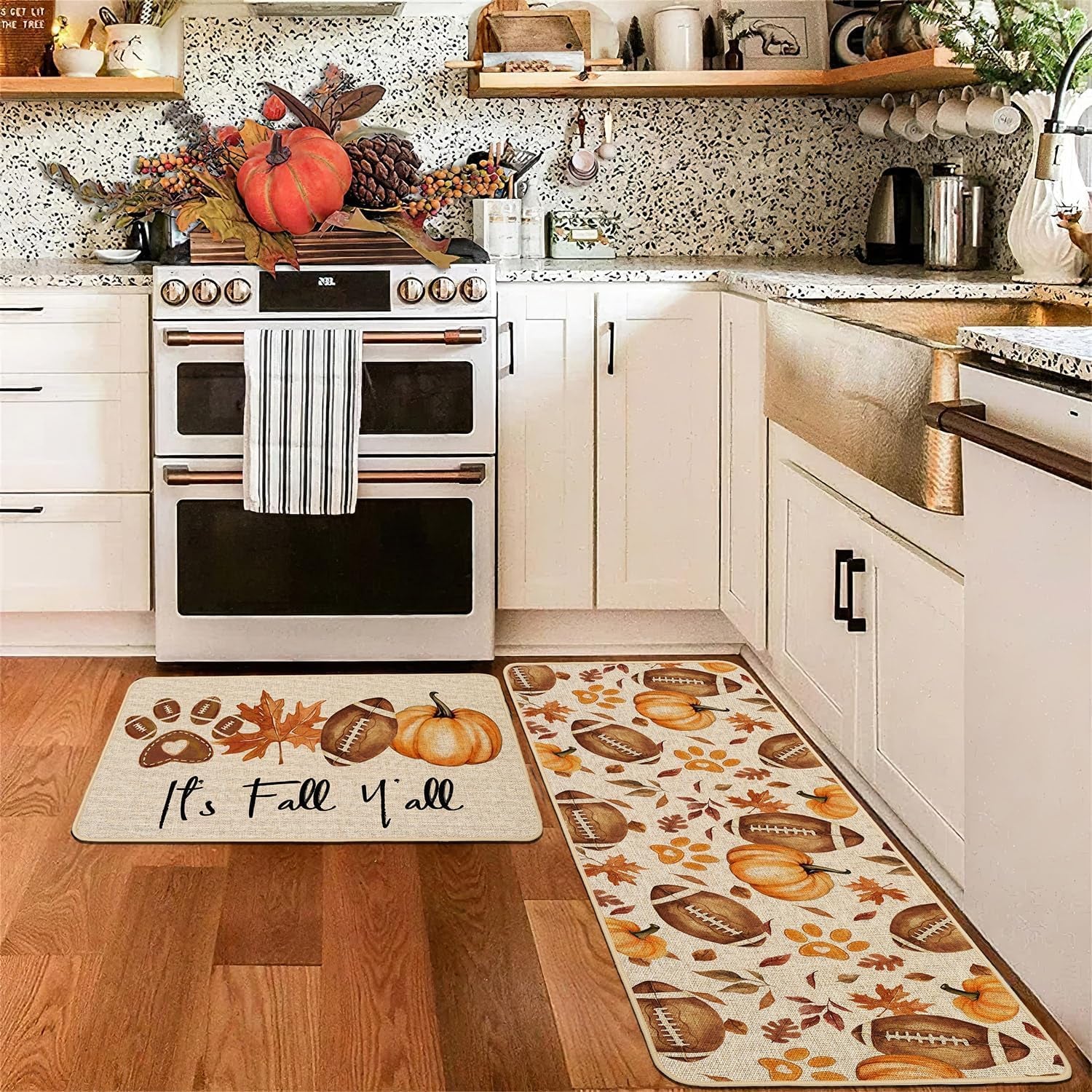 Rugby Pumpkin Fall Kitchen Rugs Set of 2, Football Maple Dog Paw Kitchen Mats for Floor Low-Profile Fall Home Decor 17X29 and 17X47 Inch
