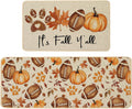 Rugby Pumpkin Fall Kitchen Rugs Set of 2, Football Maple Dog Paw Kitchen Mats for Floor Low-Profile Fall Home Decor 17X29 and 17X47 Inch