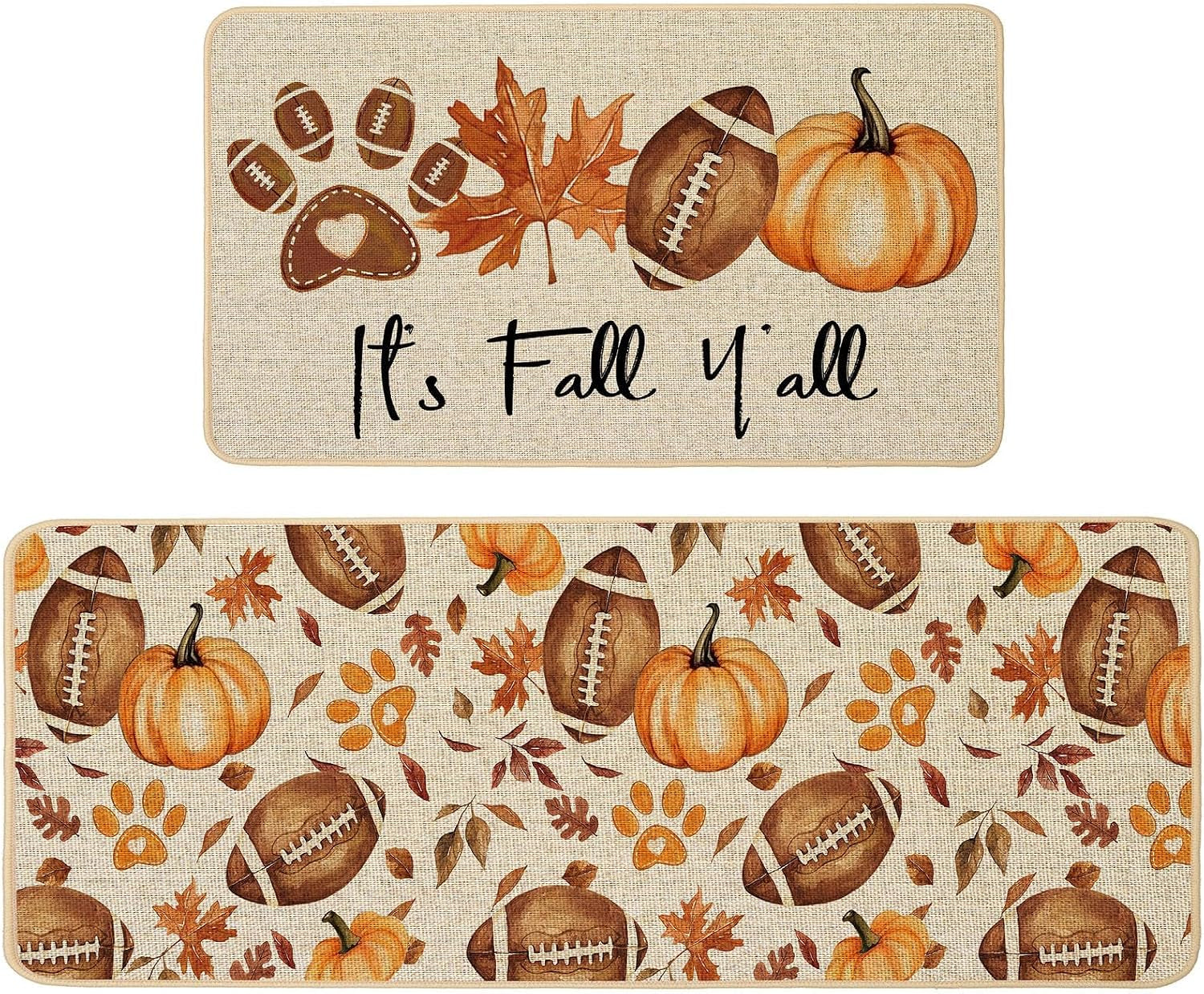 Rugby Pumpkin Fall Kitchen Rugs Set of 2, Football Maple Dog Paw Kitchen Mats for Floor Low-Profile Fall Home Decor 17X29 and 17X47 Inch