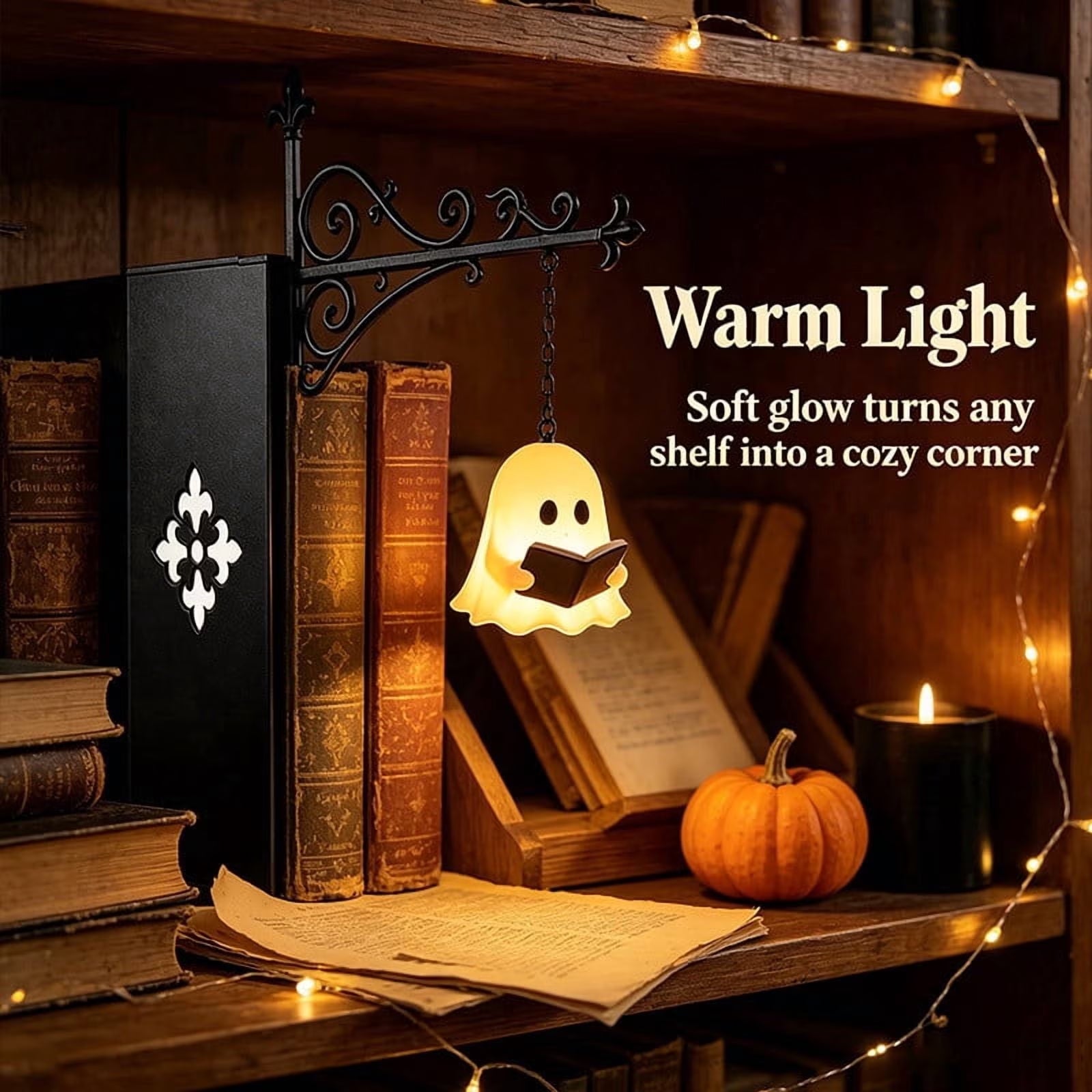 2 Pcs Library Lantern-Decorative Bookshelf Lighting, Vintage Fantasy Book Nook Lamp, Magic Reading Light for Bookworms with Ghost Charm, Portable Shelf Decor, 9.8*9.3 In