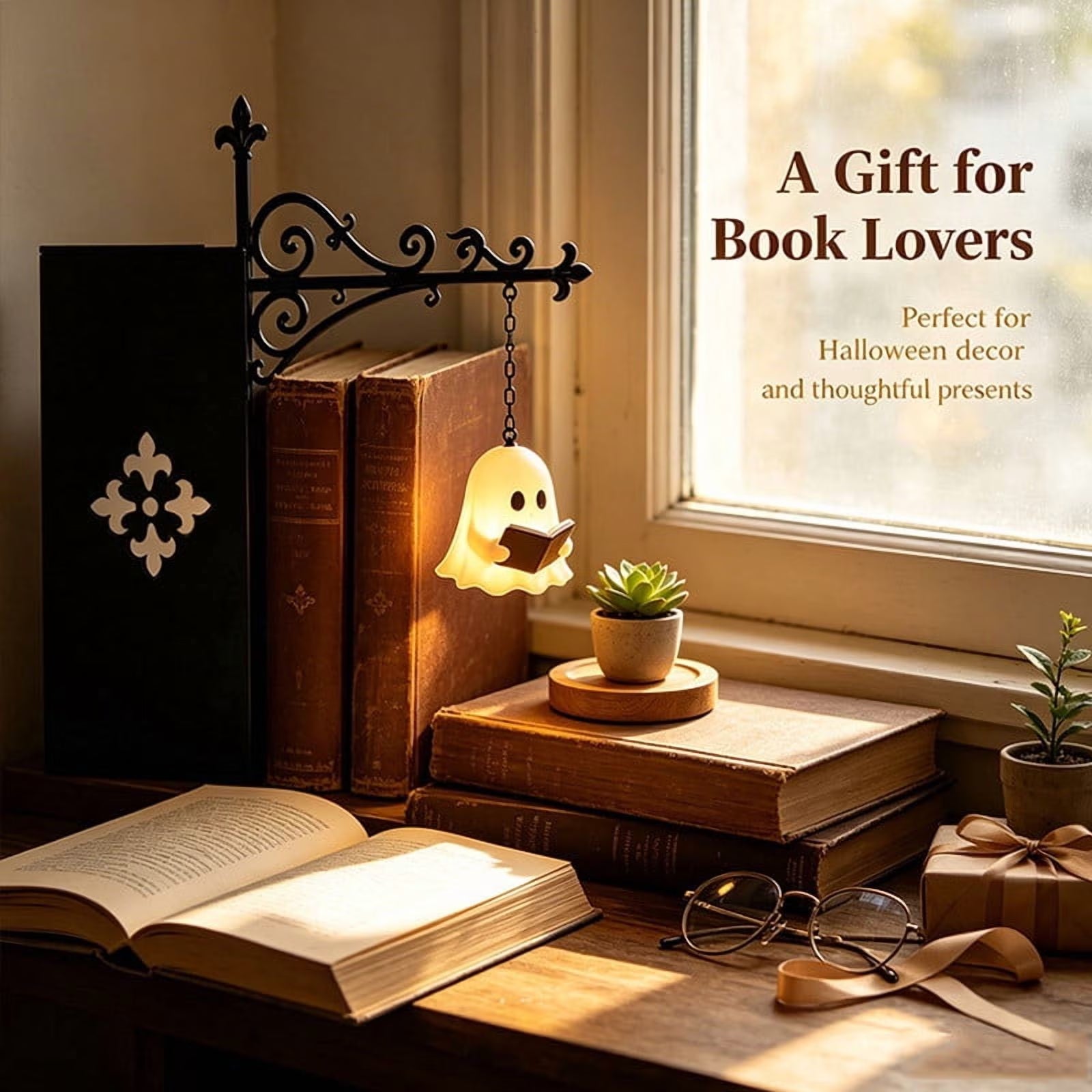 2 Pcs Library Lantern-Decorative Bookshelf Lighting, Vintage Fantasy Book Nook Lamp, Magic Reading Light for Bookworms with Ghost Charm, Portable Shelf Decor, 9.8*9.3 In