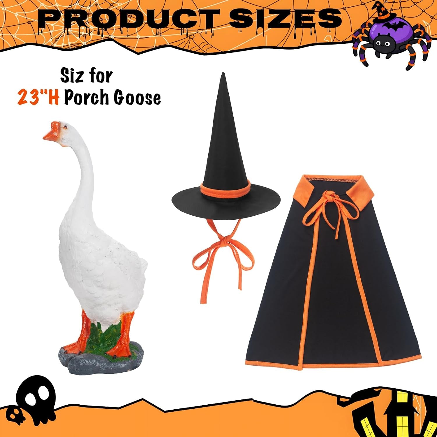 Witch Porch Goose Outfits for 23 Inch, 2 PCS Halloween Cloak Hat | Fits 17In & 23In Geese, Thick Polyester Weather-Ready, Outdoor Porch Yard Decor, Machine Washable, Goose Not Included